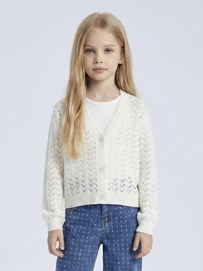 Großhändler Mini Mignon Paris - Mädchen-Strickjacke aus Baumwolle, Lochstrick mit Knopfverschluss Großhändler Mini Mignon Paris - Mädchen-Strickjacke aus Baumwolle, Lochstrick mit Knopfverschluss