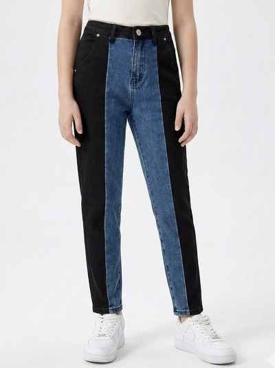 Grossiste Mini Mignon Paris - Jean droit bicolore à taille haute et ajustable pour fille Grossiste Mini Mignon Paris - Jean droit bicolore à taille haute et ajustable pour fille