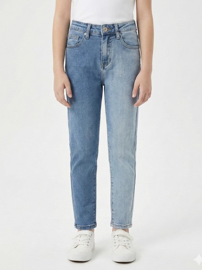 Grossiste Mini Mignon Paris - Jean droit slim bicolore à taille haute et ajustable pour fille Grossiste Mini Mignon Paris - Jean droit slim bicolore à taille haute et ajustable pour fille