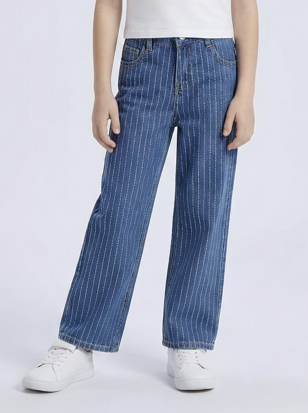Mayorista Mini Mignon Paris - Vaqueros anchos a rayas con strass para niña