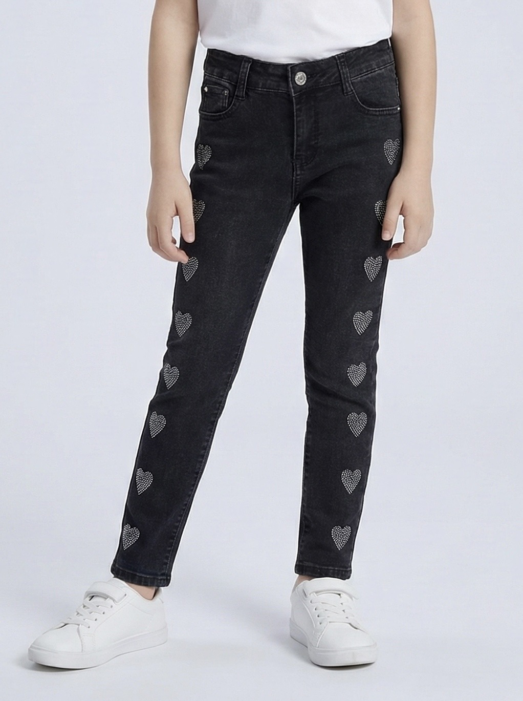 Mayorista Mini Mignon Paris - Vaqueros ajustados con patrones de corazones de strass para niña