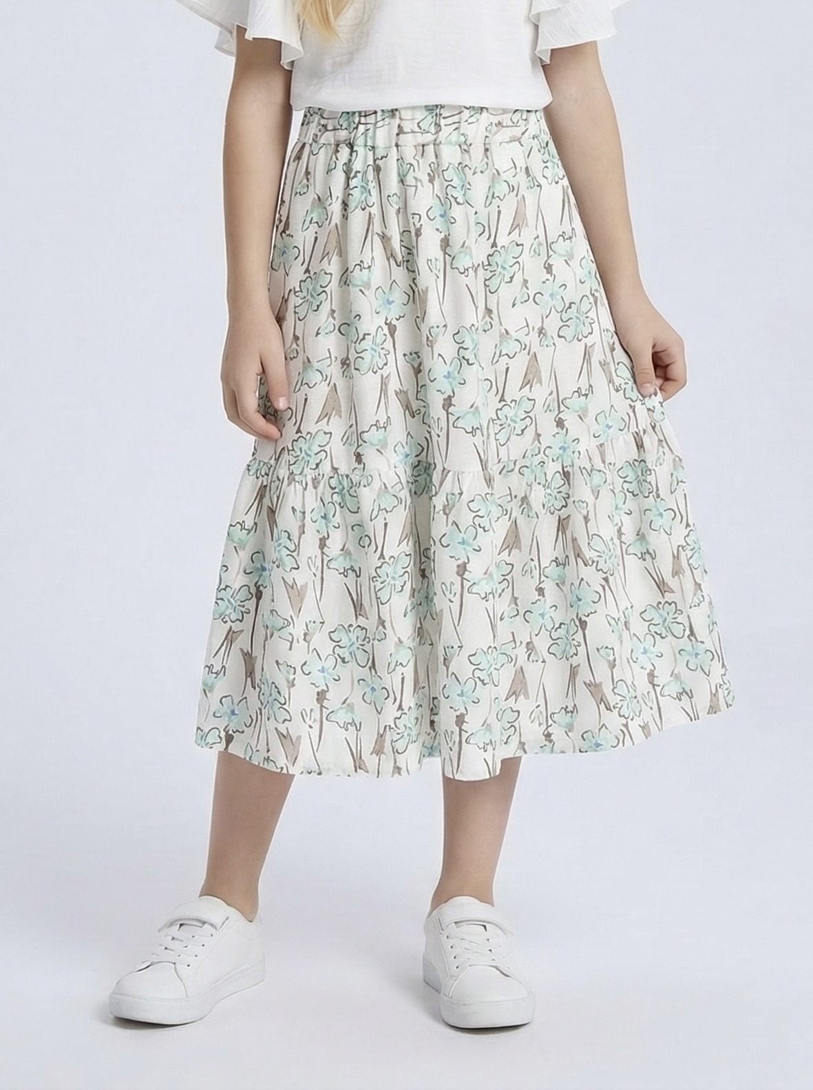 Mayorista Mini Mignon Paris - Falda larga escalonada con volantes y estampado floral para niña