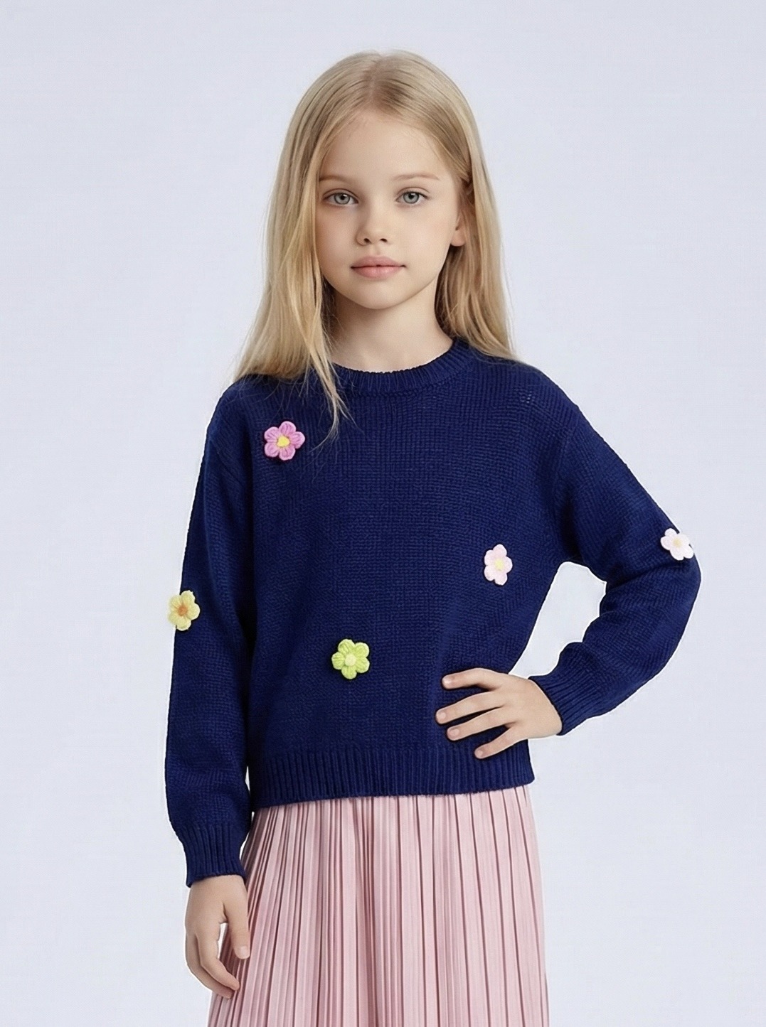 Grossiste Mini Mignon Paris - Pull avec fleurs en crochet pour fille