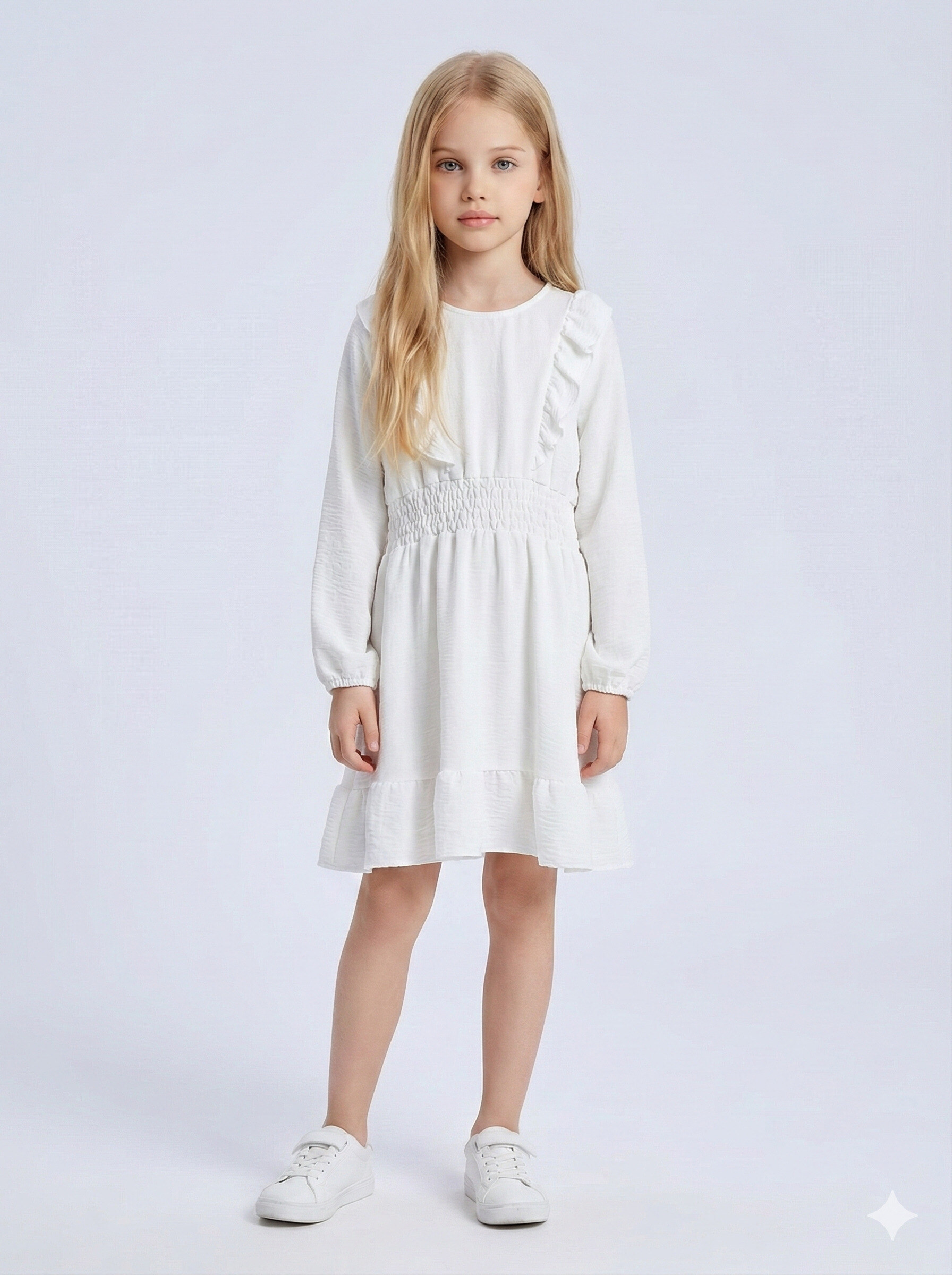 Mayorista Mini Mignon Paris - Vestido de color sólido con cintura ajustada, volantes y mangas largas para niña