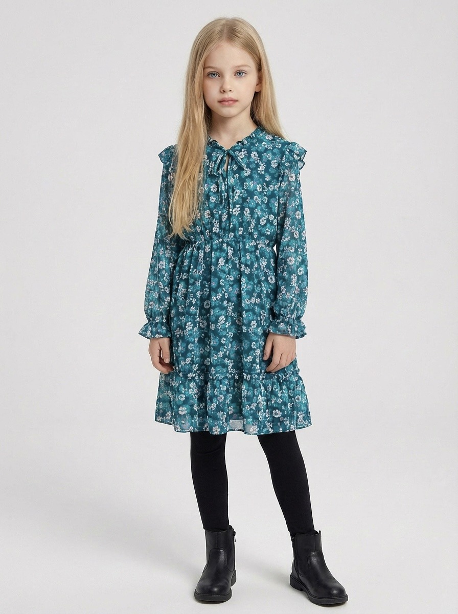 Grossiste Mini Mignon Paris - Robe manches longues en mousseline, fleurie et doublée pour fille
