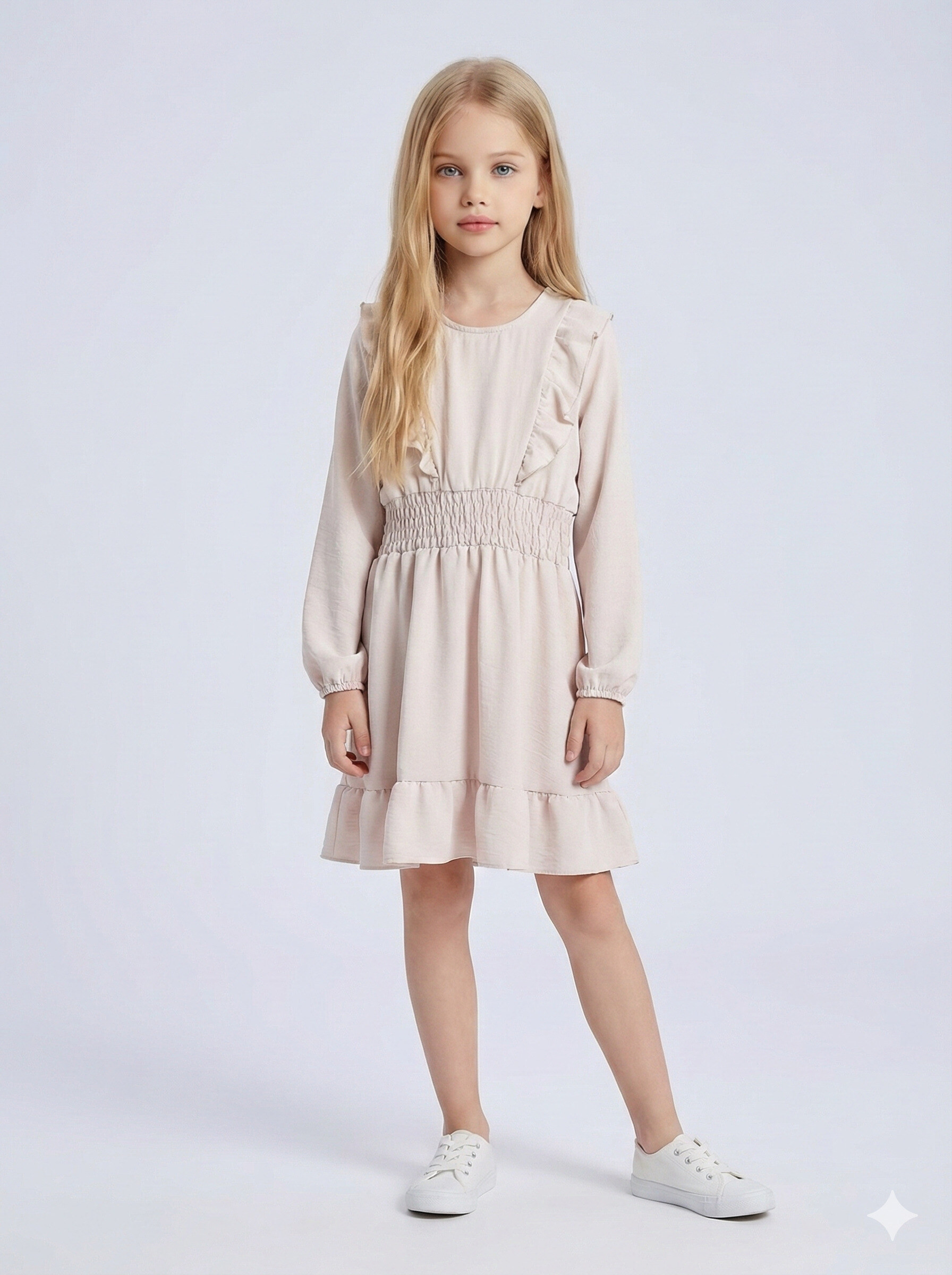 Großhändler Mini Mignon Paris - Einfarbiges Rüschenkleid mit taillierter Taille und langen Ärmeln für Mädchen