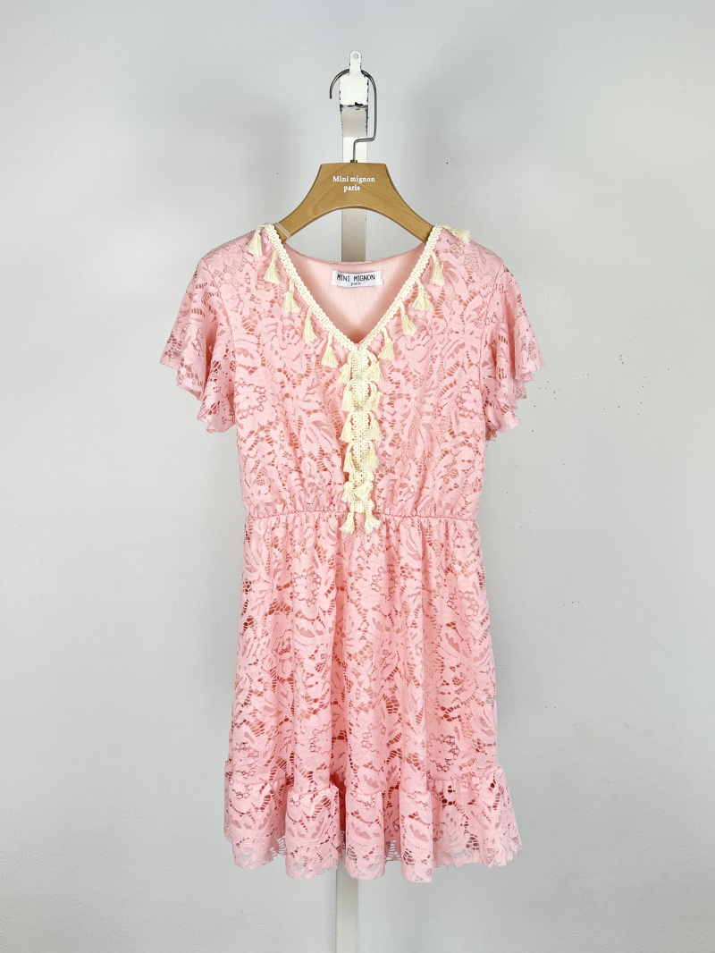 Mayorista Mini Mignon Paris - Vestido bohemio con encaje y pompones para niña