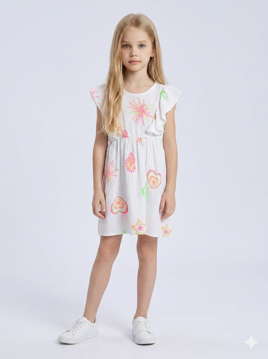 Grossiste Mini Mignon Paris - Robe en gaze de coton imprimé fleurs et citron pour fille