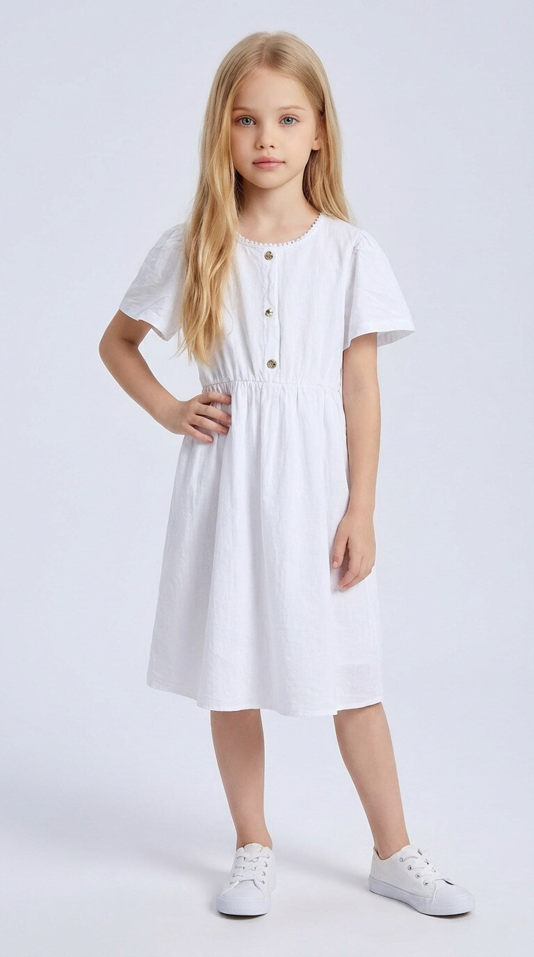 Grossiste Mini Mignon Paris - Robe en coton à dentelle et manches courtes pour fille