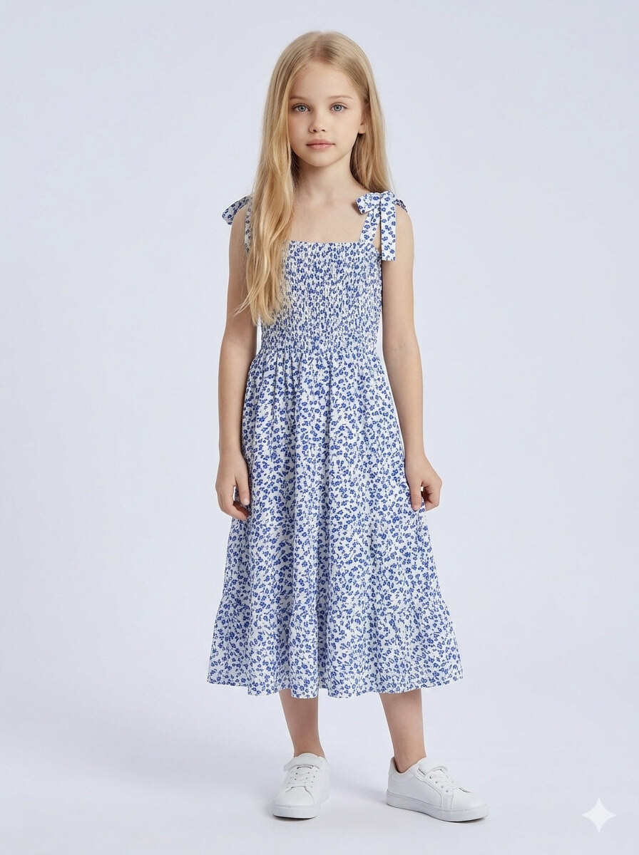 Großhändler Mini Mignon Paris - Langes Mädchenkleid mit Smok und Liberty-Blumenmuster