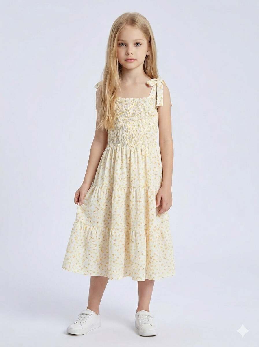Großhändler Mini Mignon Paris - Langes Mädchenkleid mit Smok und Liberty-Blumenmuster