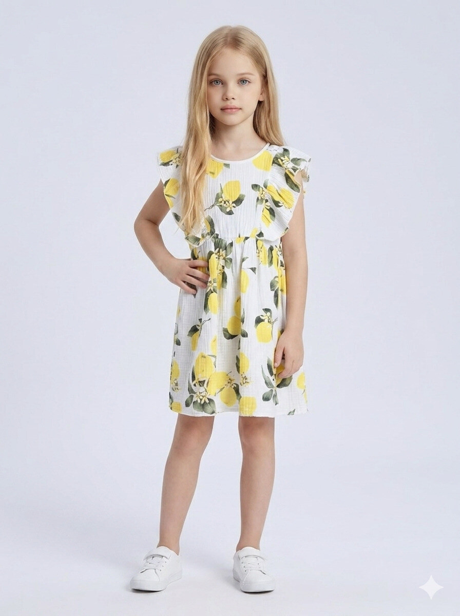 Wholesaler Mini Mignon Paris - Girls' floral and lemon print cotton gauze dress