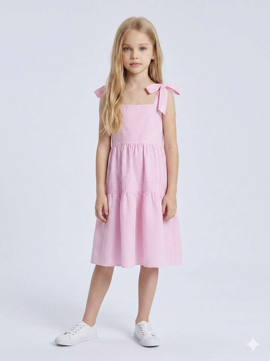 Großhändler Mini Mignon Paris - Gestreiftes Baumwollkleid mit Bindeträgern für Mädchen