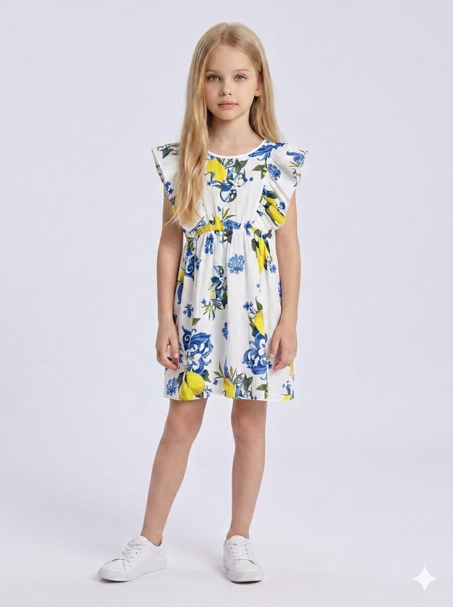 Grossiste Mini Mignon Paris - Robe en gaze de coton imprimé fleurs et citron pour fille