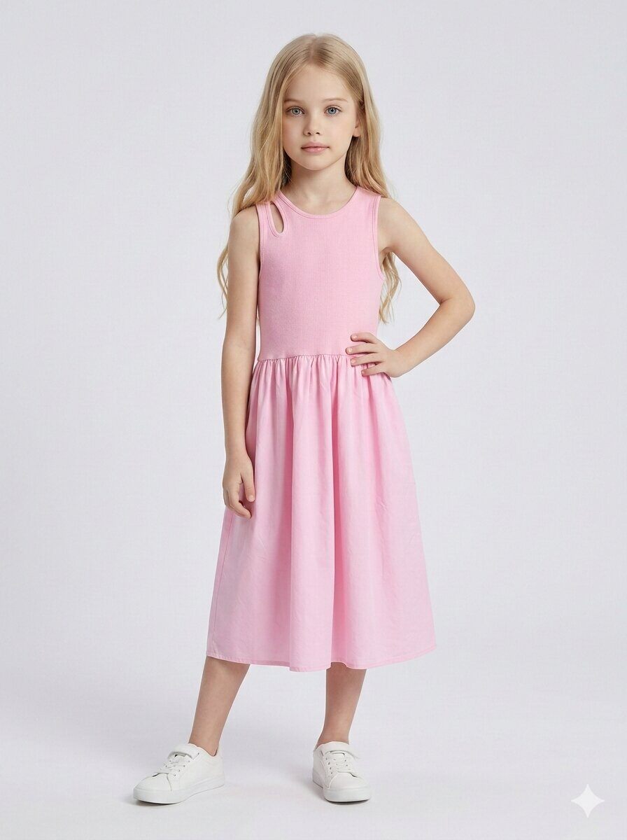 Grossiste Mini Mignon Paris - Robe longue en coton avec fente à l'encollure pour fille