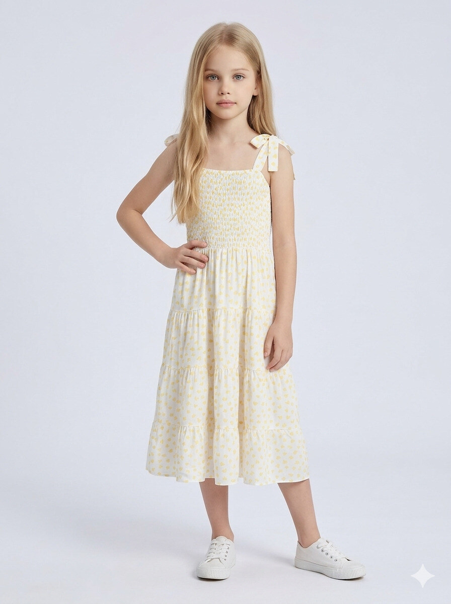 Grossiste Mini Mignon Paris - Robe longue, smockée et imprimée coeur pour fille