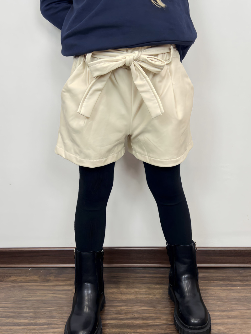 Short in ecopelle foderato e con cintura per ragazza - Beige - 1 - formato grande