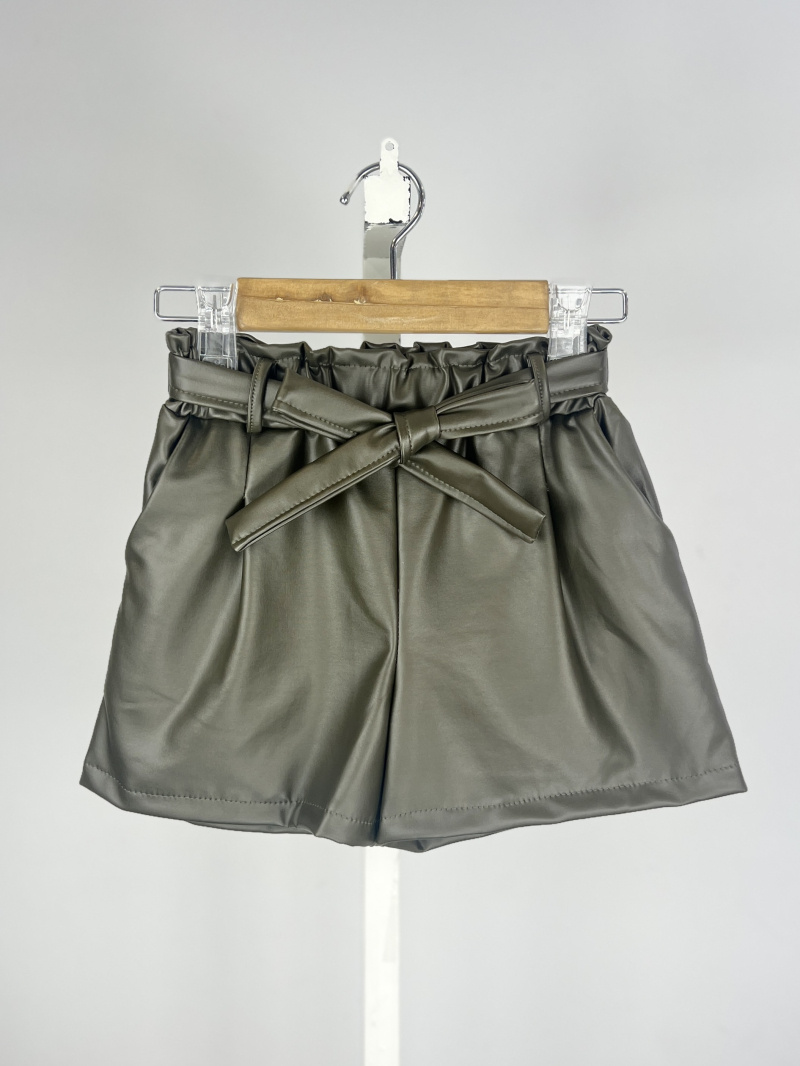 Short in ecopelle foderato e con cintura per ragazza - Kaki - 1 - formato grande