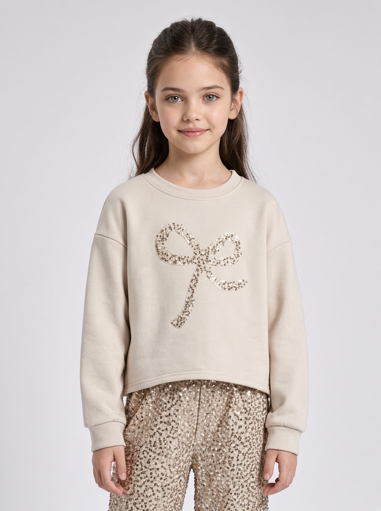 Mayorista Mini Mignon Paris - Sudadera de algodón con lazo de lentejuelas y terciopelo para niña