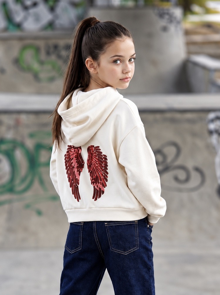 Grossiste Mini Mignon Paris - Sweat à capuche en coton Y2K avec ailes en sequins pour fille