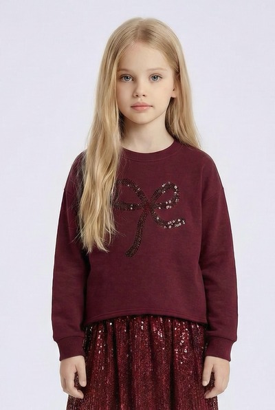 Grossiste Mini Mignon Paris - Sweat en coton à noeud en sequins et velours pour fille Grossiste Mini Mignon Paris - Sweat en coton à noeud en sequins et velours pour fille
