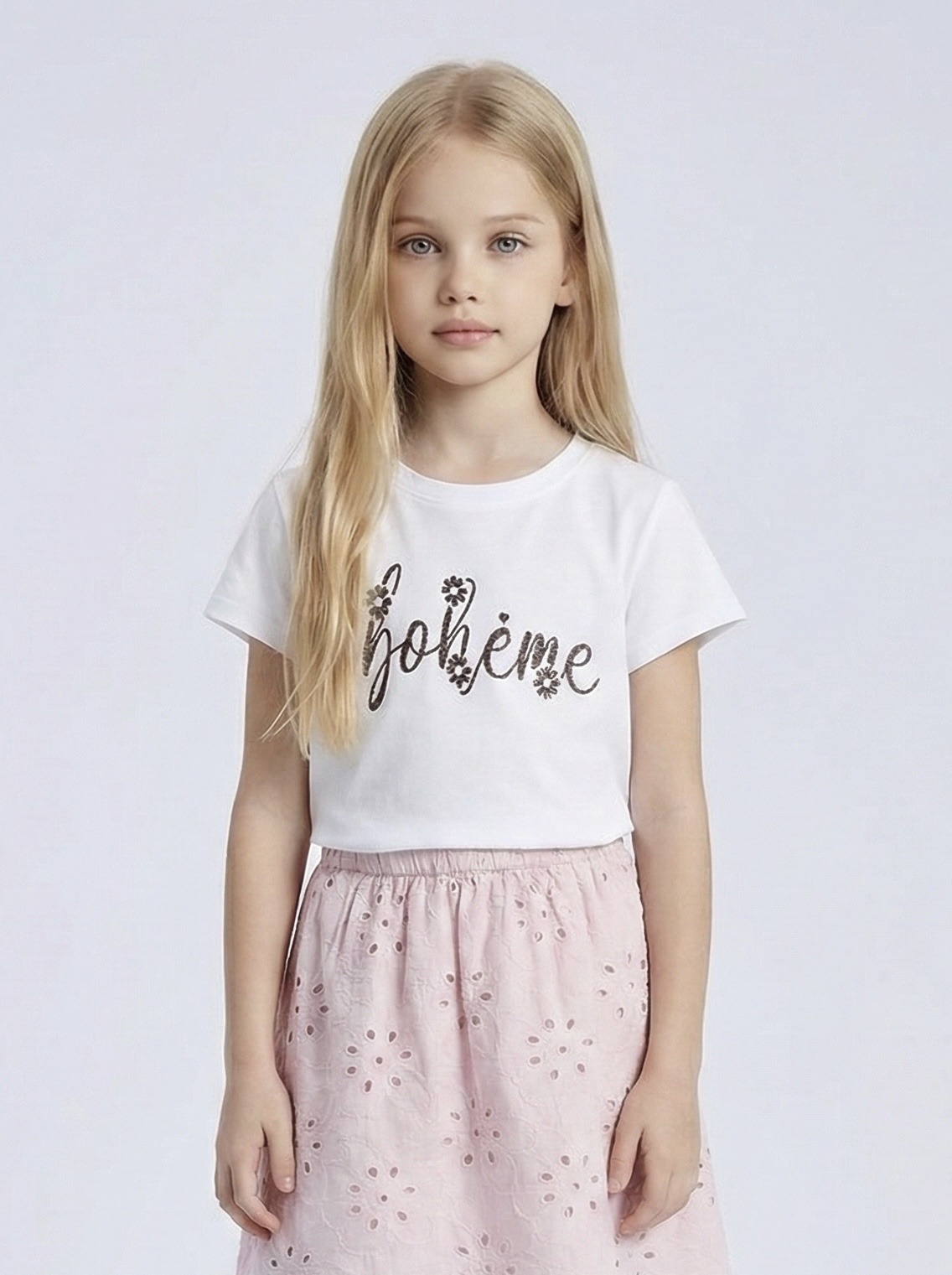Grossiste Mini Mignon Paris - T-shirt en coton à message bohème pailleté pour fille