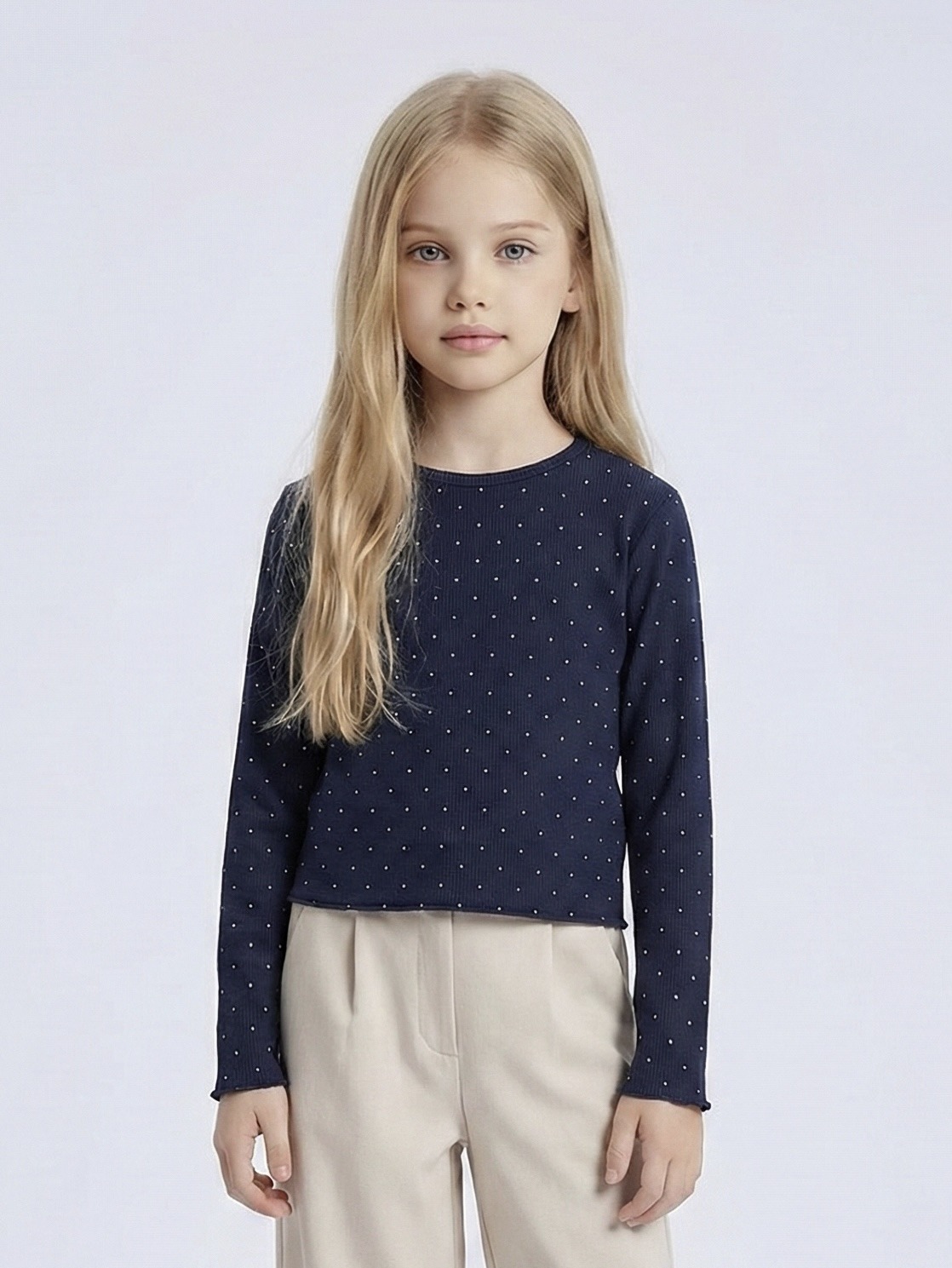 Großhändler Mini Mignon Paris - Geripptes Baumwoll-T-Shirt mit Strasssteinen und langen Ärmeln für Mädchen