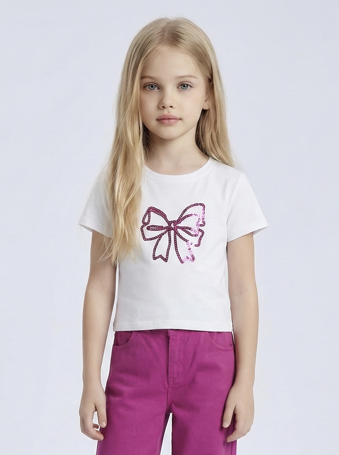 Grossiste Mini Mignon Paris - T-shirt stretch en coton prenium avec nœud en sequins pour fille