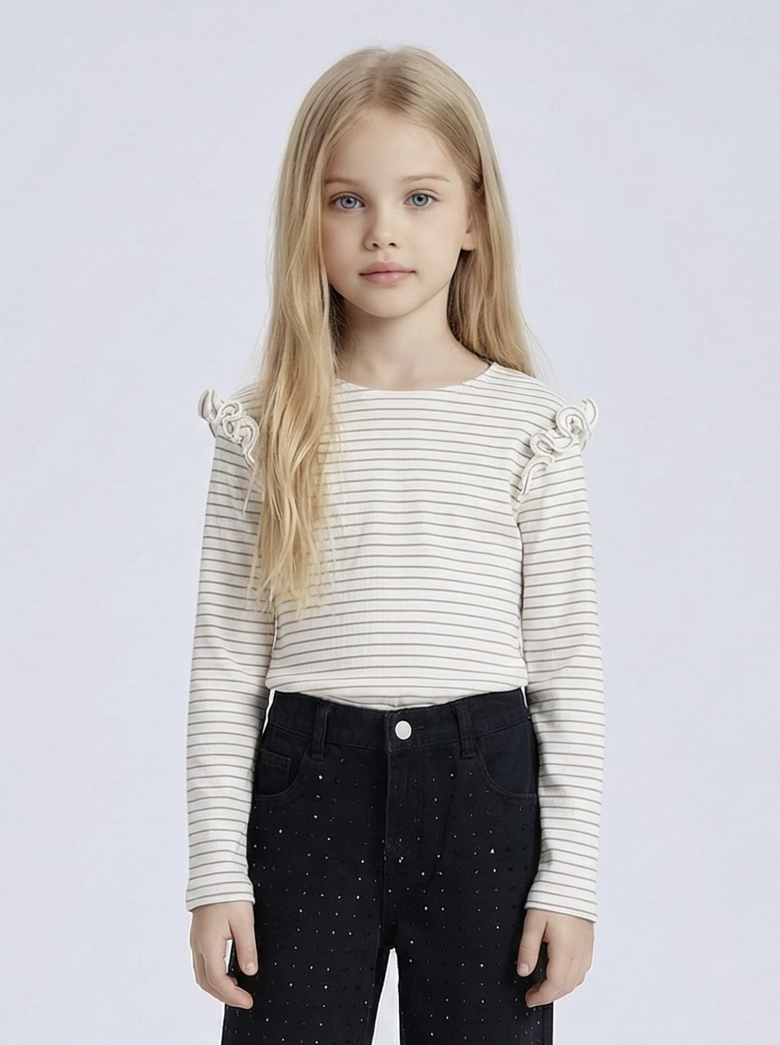 Mayorista Mini Mignon Paris - Camiseta de manga larga a rayas con detalles de volantes en los hombros para niña