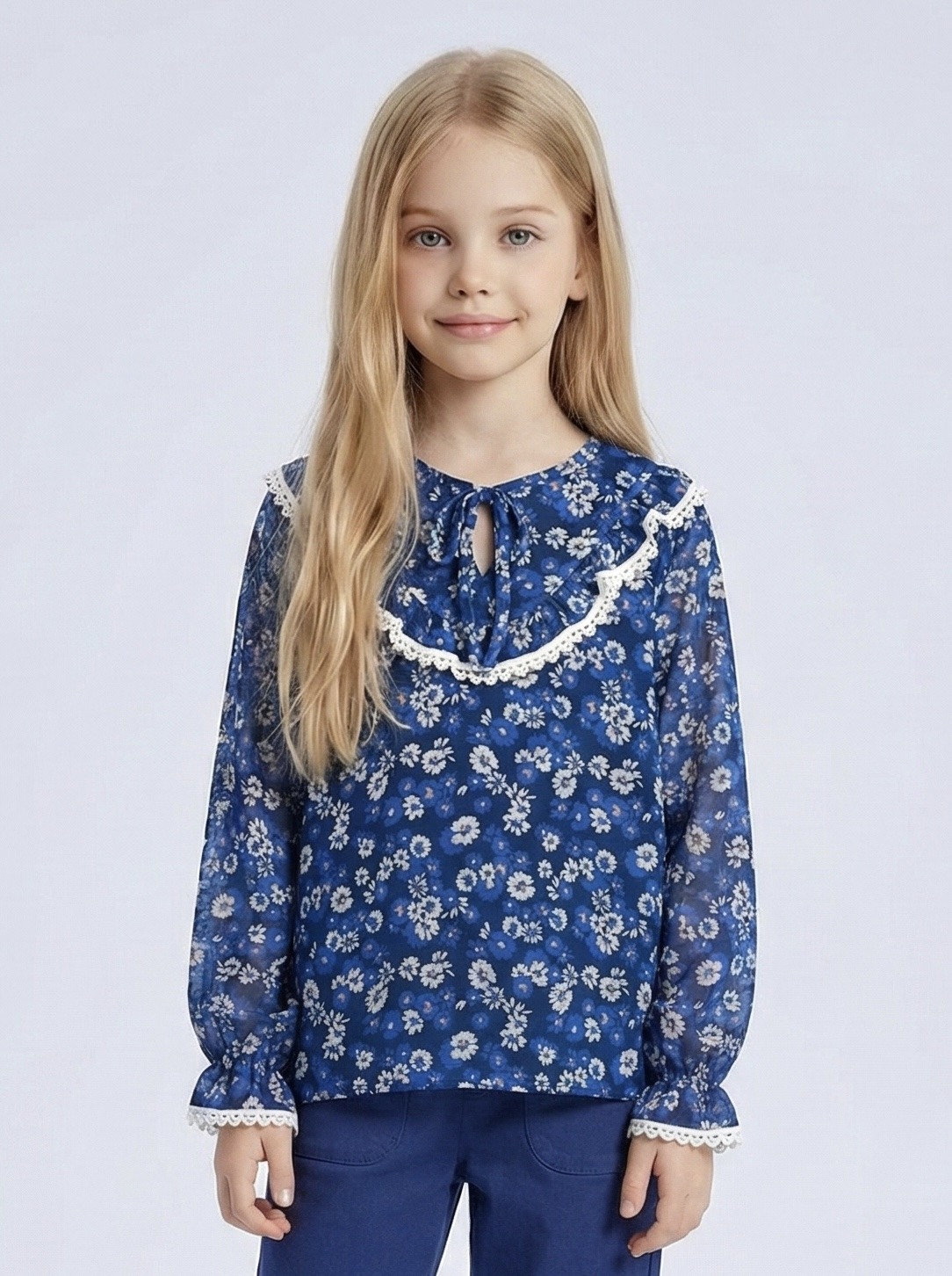 Grossiste Mini Mignon Paris - Top en mousseline fleurie doublé à manches longues pour fille