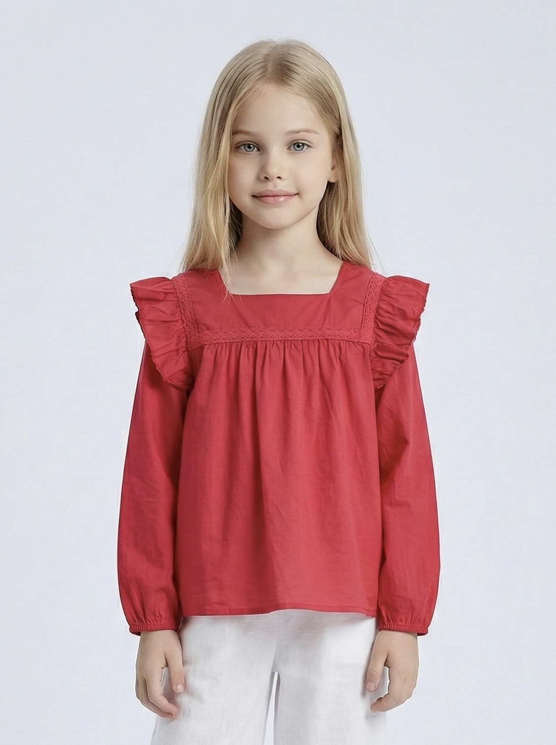 Grossista Mini Mignon Paris - Top in cotone a maniche lunghe con pizzo per bambina