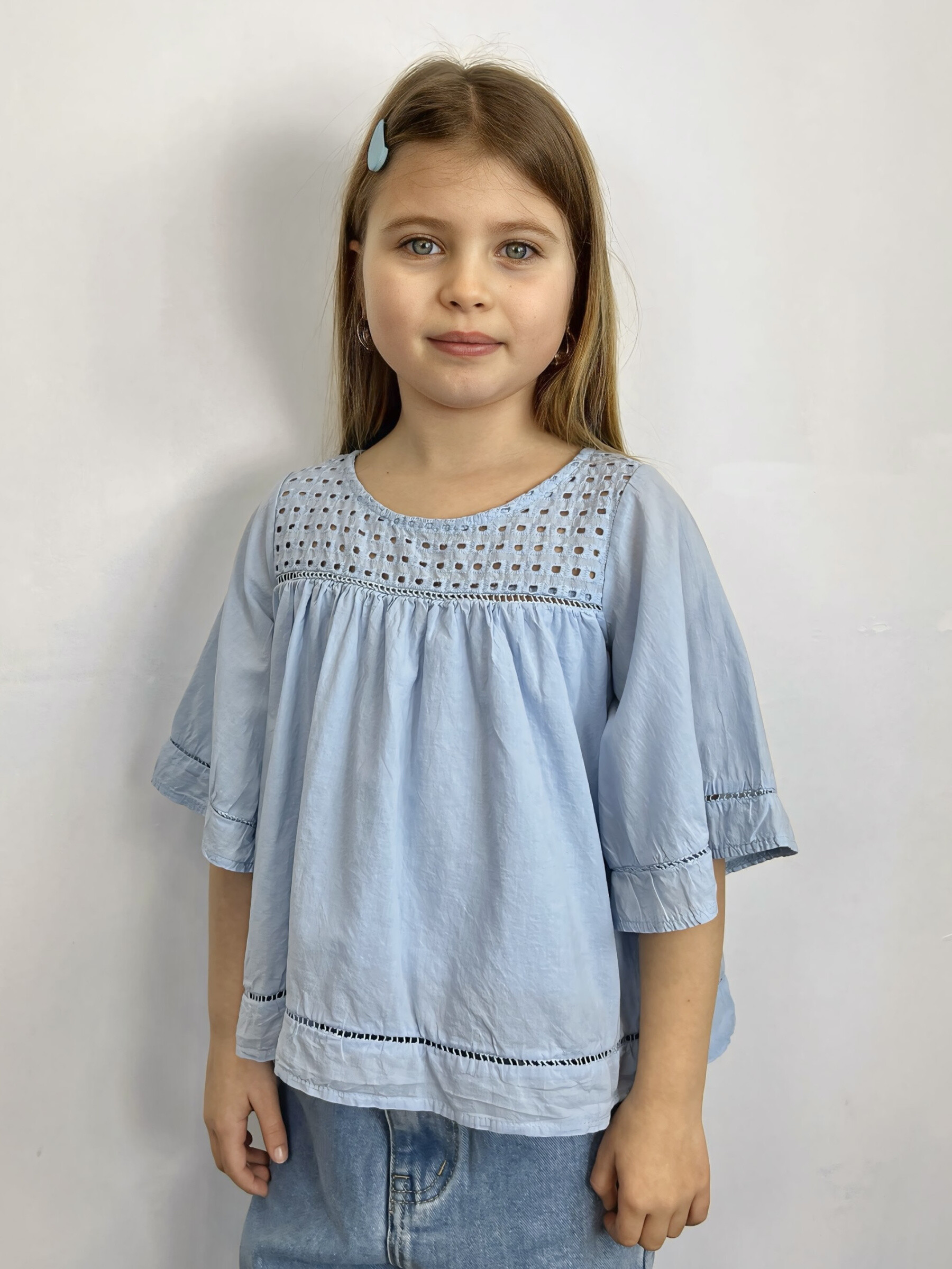 Grossista Mini Mignon Paris - Top in cotone con maniche a tre quarti e ricamo inglese per ragazze