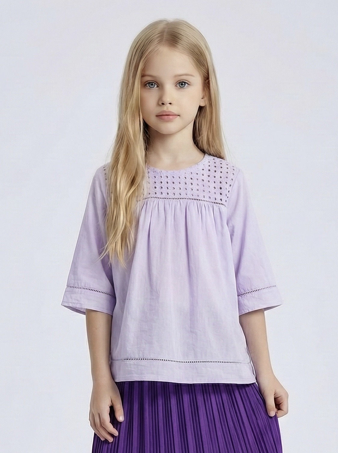 Grossiste Mini Mignon Paris - Top en coton manches 3/4 et broderies anglaises pour fille