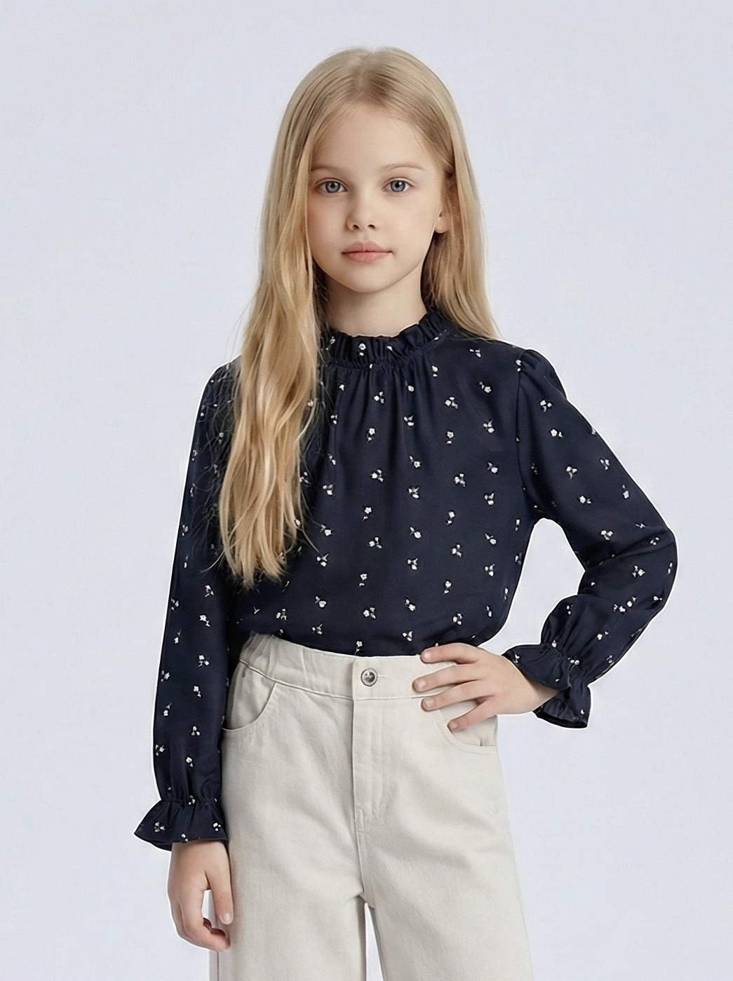 Grossista Mini Mignon Paris - Top liberty floreale a maniche lunghe con volant per bambina
