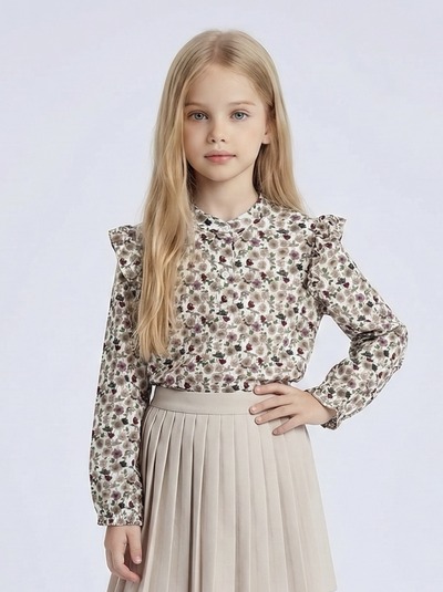 Wholesaler Mini Mignon Paris - Floral long-sleeve top with ruffles for girls Wholesaler Mini Mignon Paris - Floral long-sleeve top with ruffles for girls