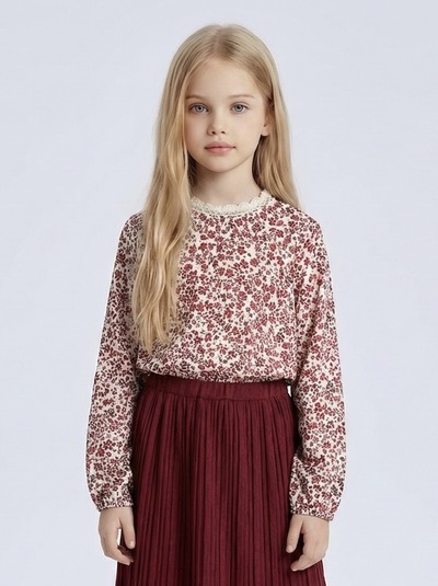 Wholesaler Mini Mignon Paris - Floral liberty top with lace and long sleeves for girls Wholesaler Mini Mignon Paris - Floral liberty top with lace and long sleeves for girls