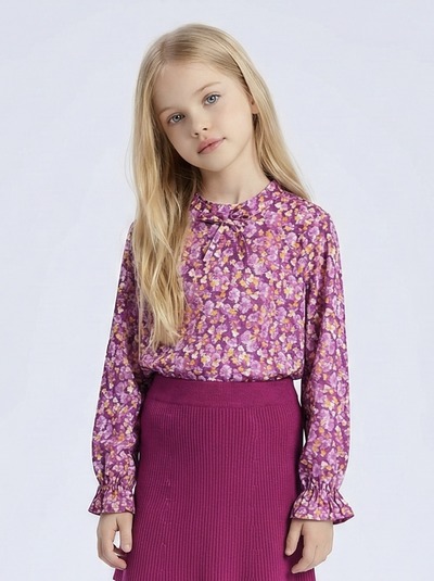 Wholesaler Mini Mignon Paris - Floral top with small bow and ruffle for girls Wholesaler Mini Mignon Paris - Floral top with small bow and ruffle for girls