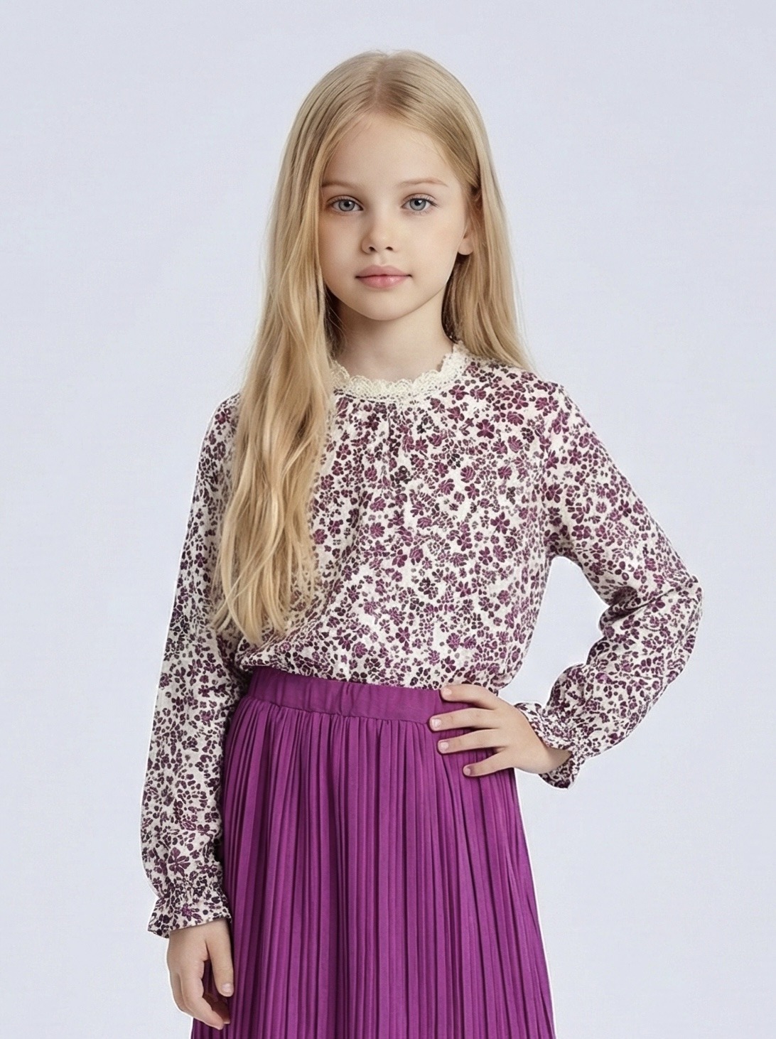 Wholesaler Mini Mignon Paris - Floral liberty top with lace and long sleeves for girls