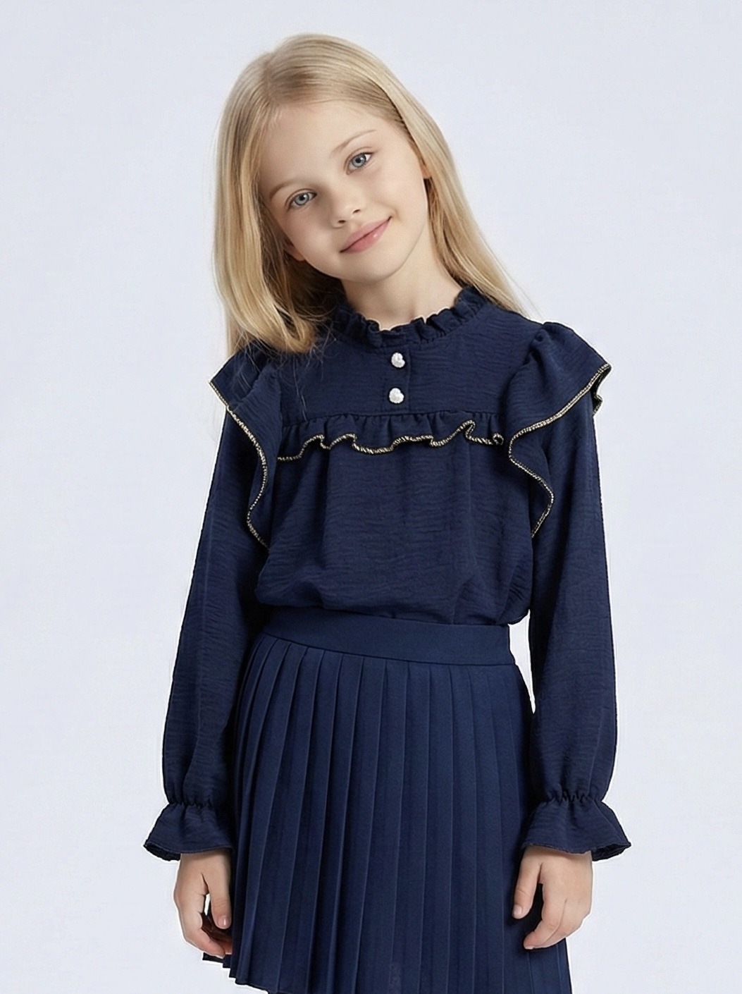 Großhändler Mini Mignon Paris - Mädchen-Top mit goldener oder silberner Borte, Rüschen und Herzknopf
