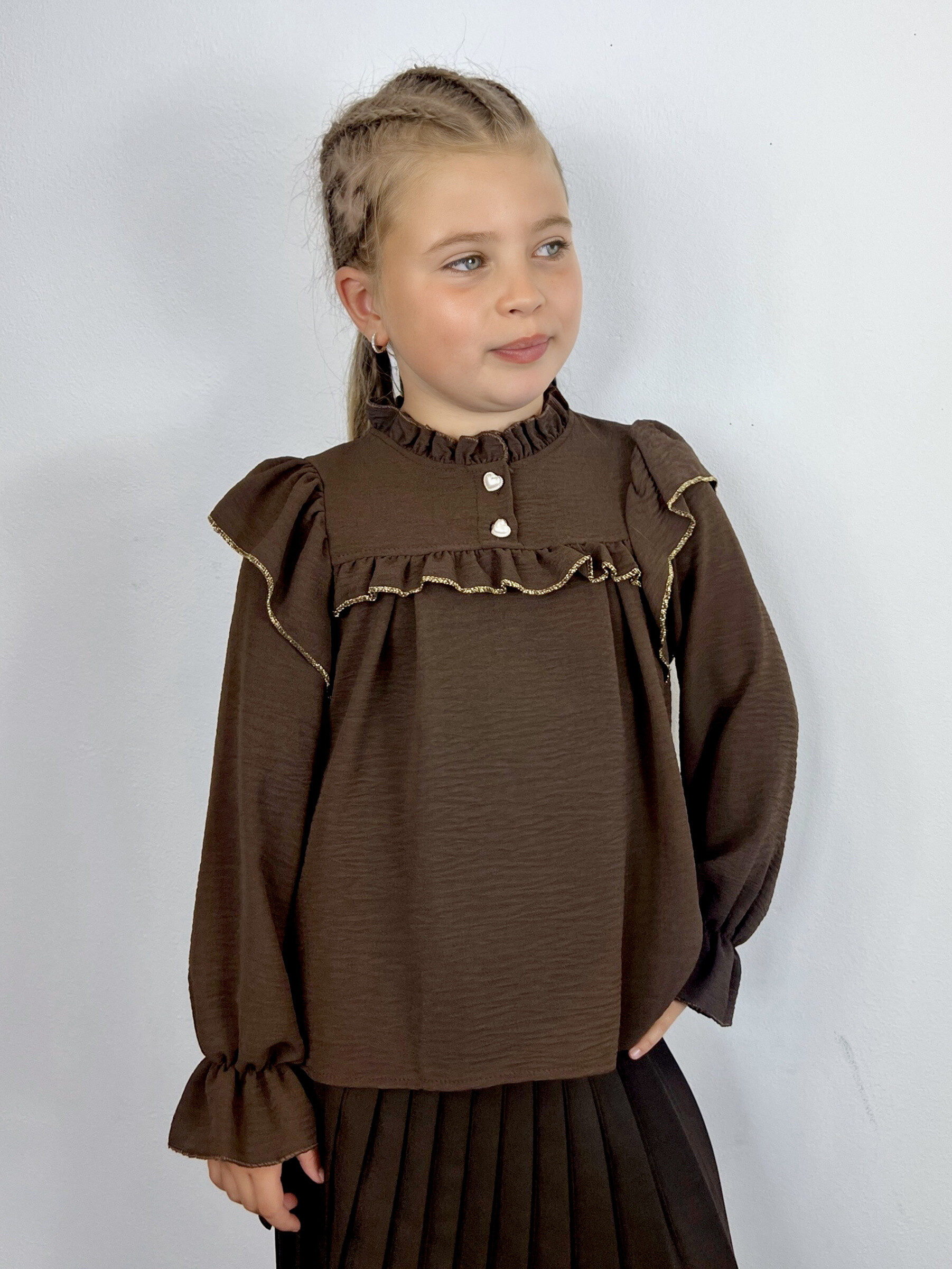 Großhändler Mini Mignon Paris - Mädchentop mit goldener Borte, Rüschen und Herzknopf