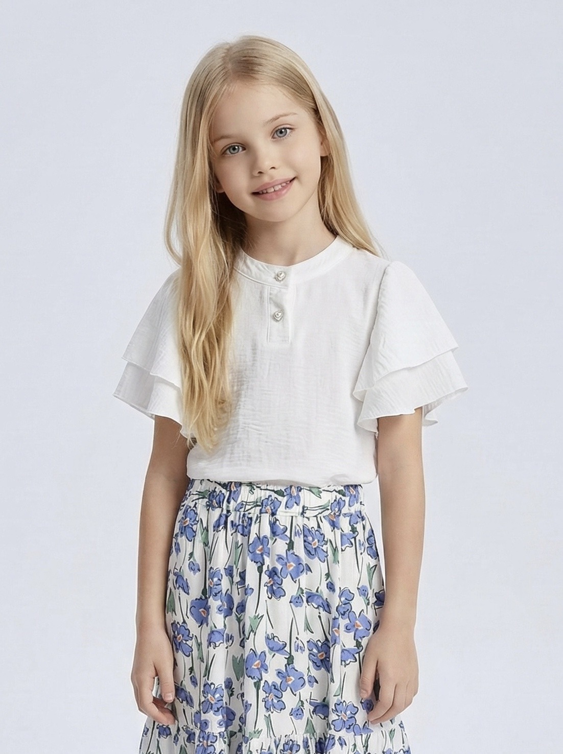 Mayorista Mini Mignon Paris - Top liso con mangas cortas con volantes y botones para niña