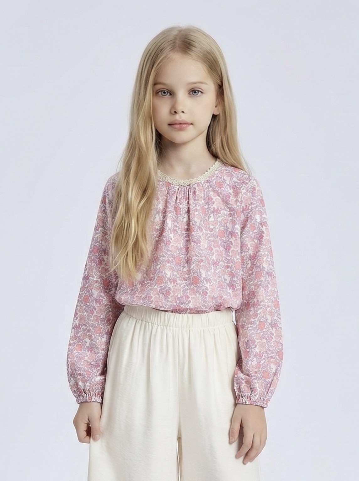 Mayorista Mini Mignon Paris - Top de algodón de manga larga con estampado floral y encaje para niña
