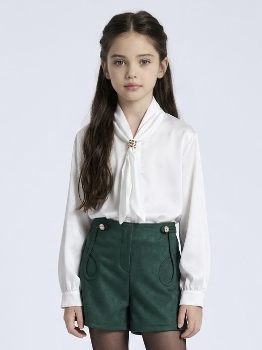 Wholesaler Mini Mignon Paris - Girls' satin top with jeweled pussy bow collar Wholesaler Mini Mignon Paris - Girls' satin top with jeweled pussy bow collar