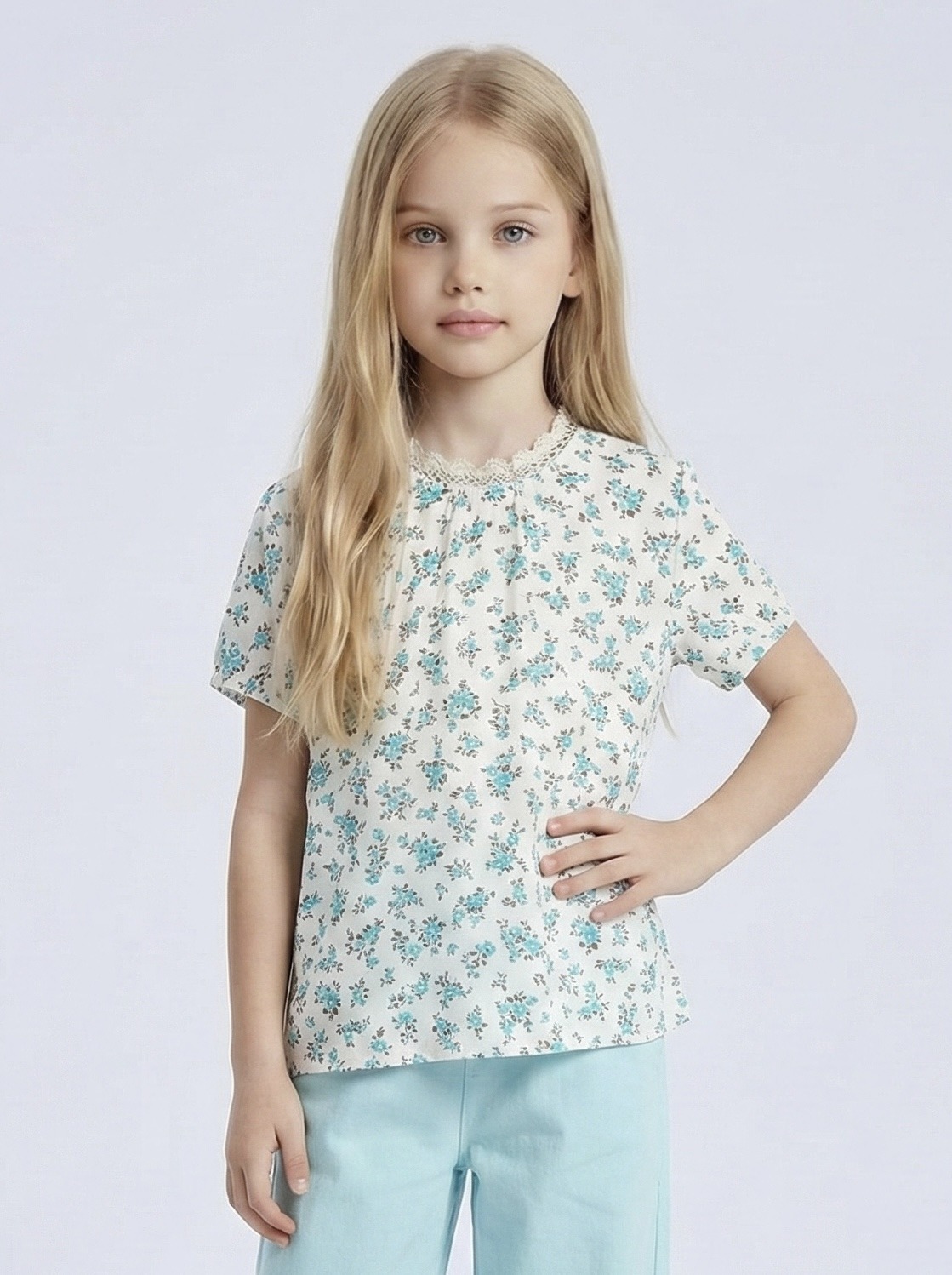 Grossiste Mini Mignon Paris - Top fleuri liberty à dentelle et manches courtes pour fille