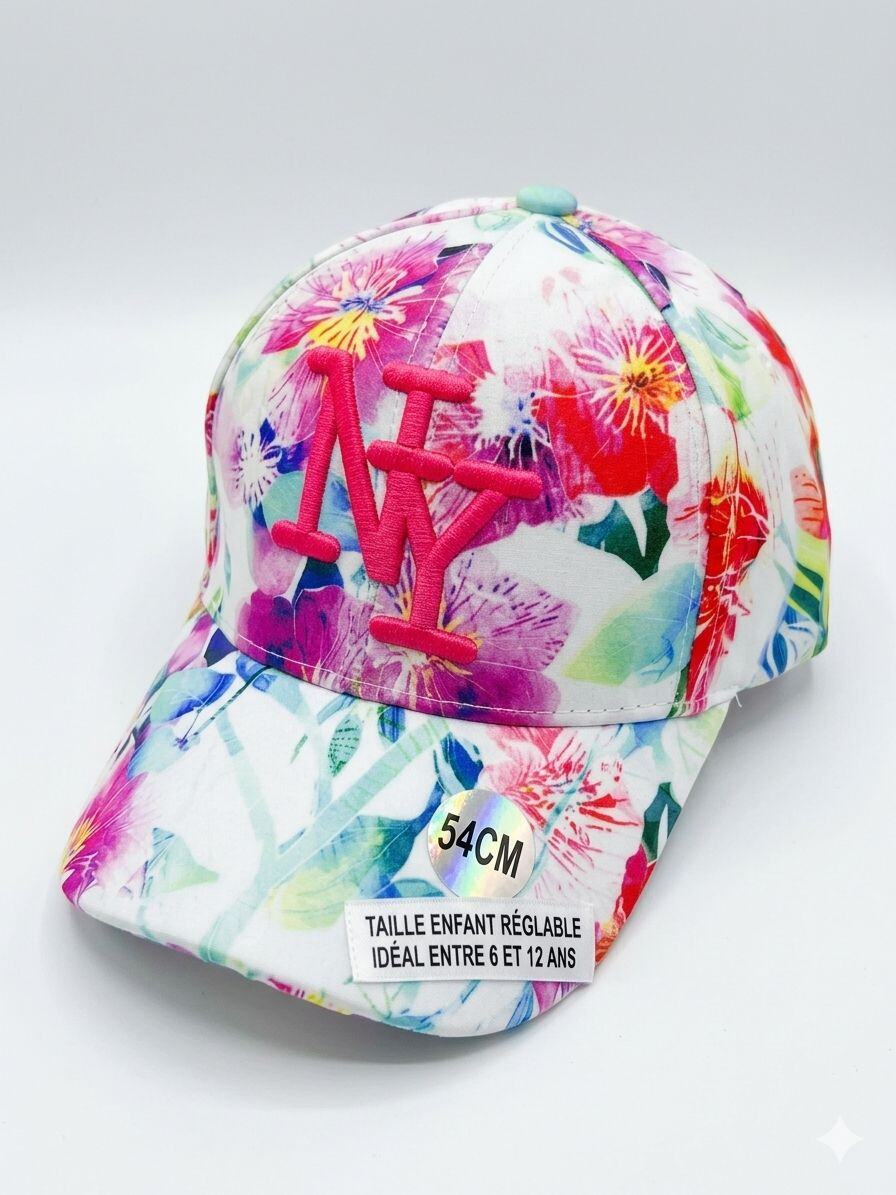 Grossiste NY - Casquette NY enfant fleur blanche et rose