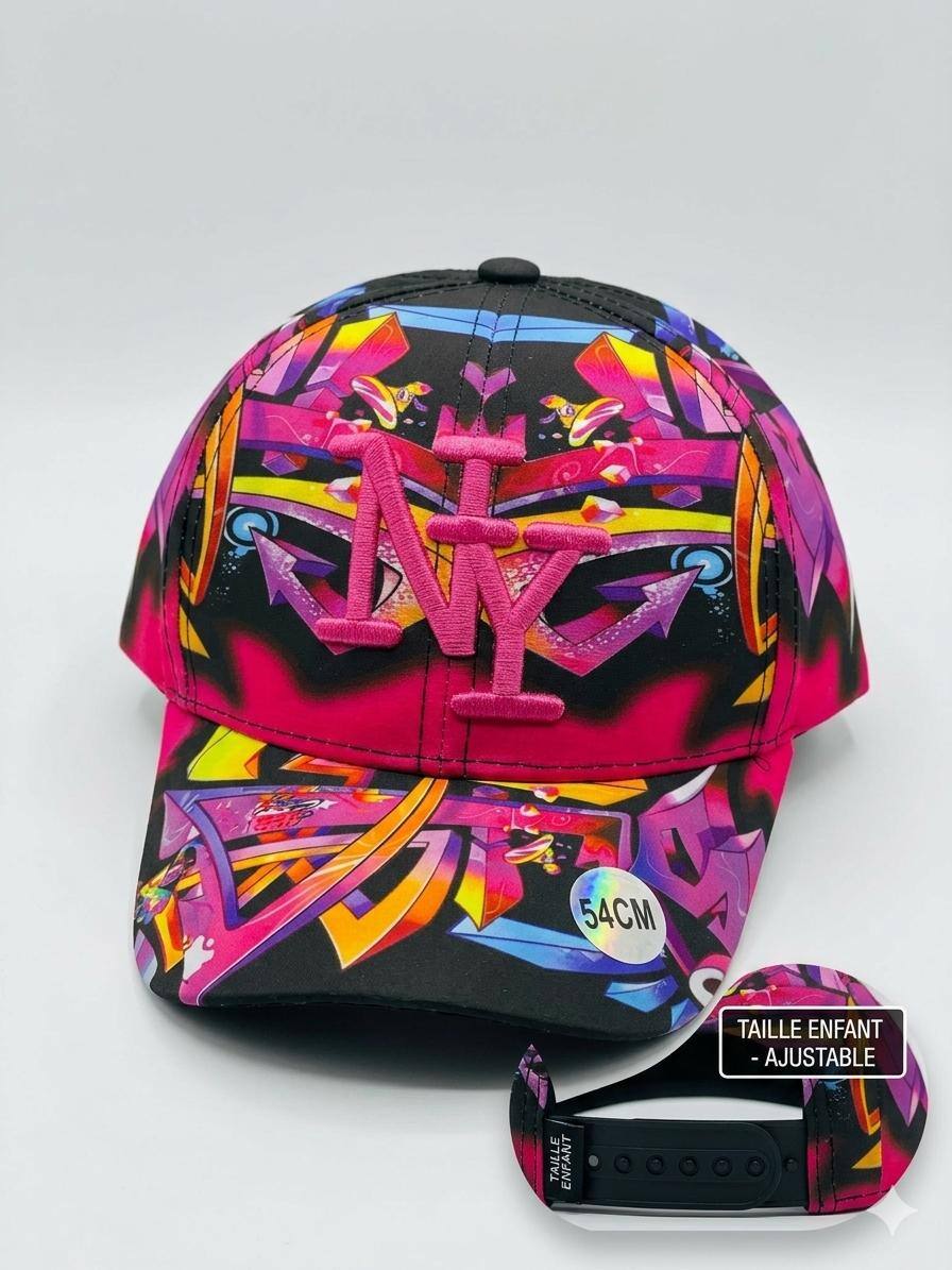 Grossiste NY - Casquette NY enfant graffiti rose fuschia et noir