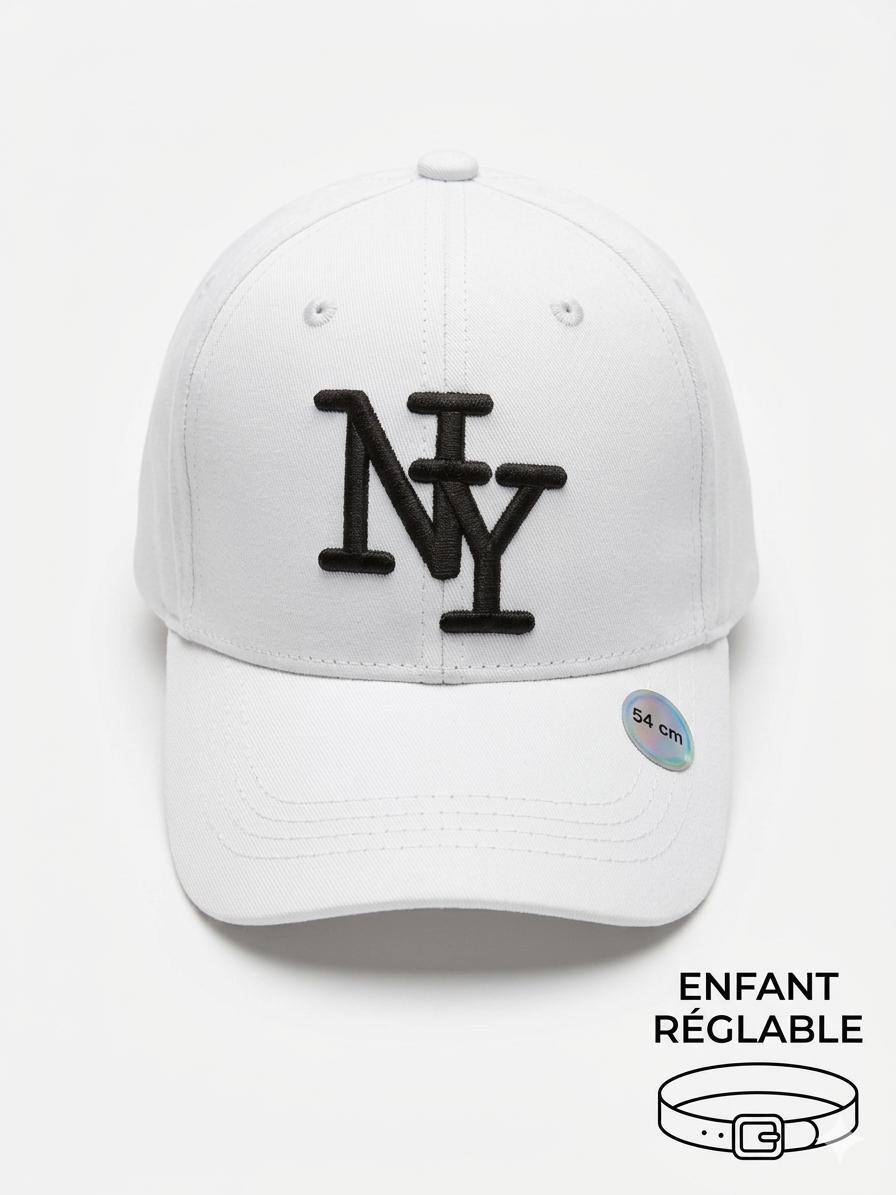 Grossiste NY - Casquette NY uni enfant blanc logo noir