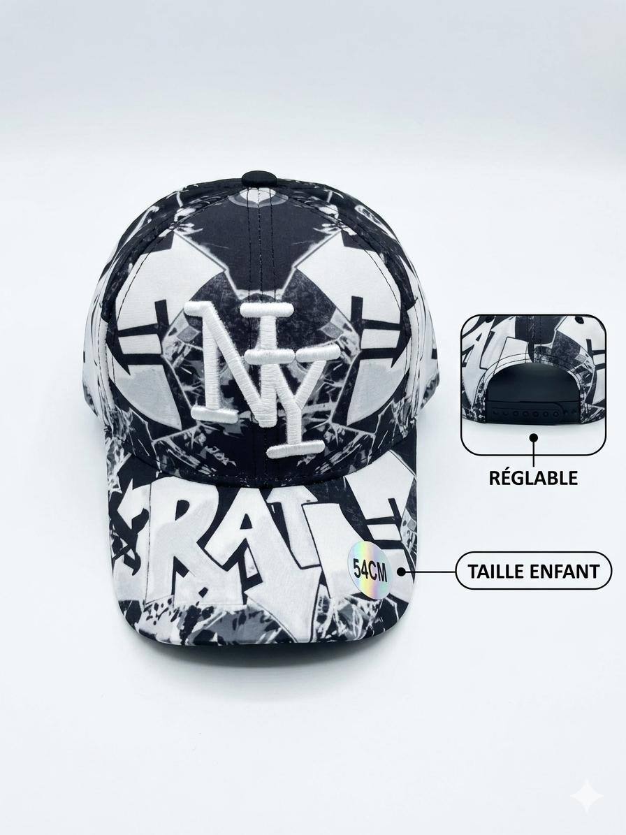 Grossiste NY - Casquette NY enfant graffiti noir et blanc