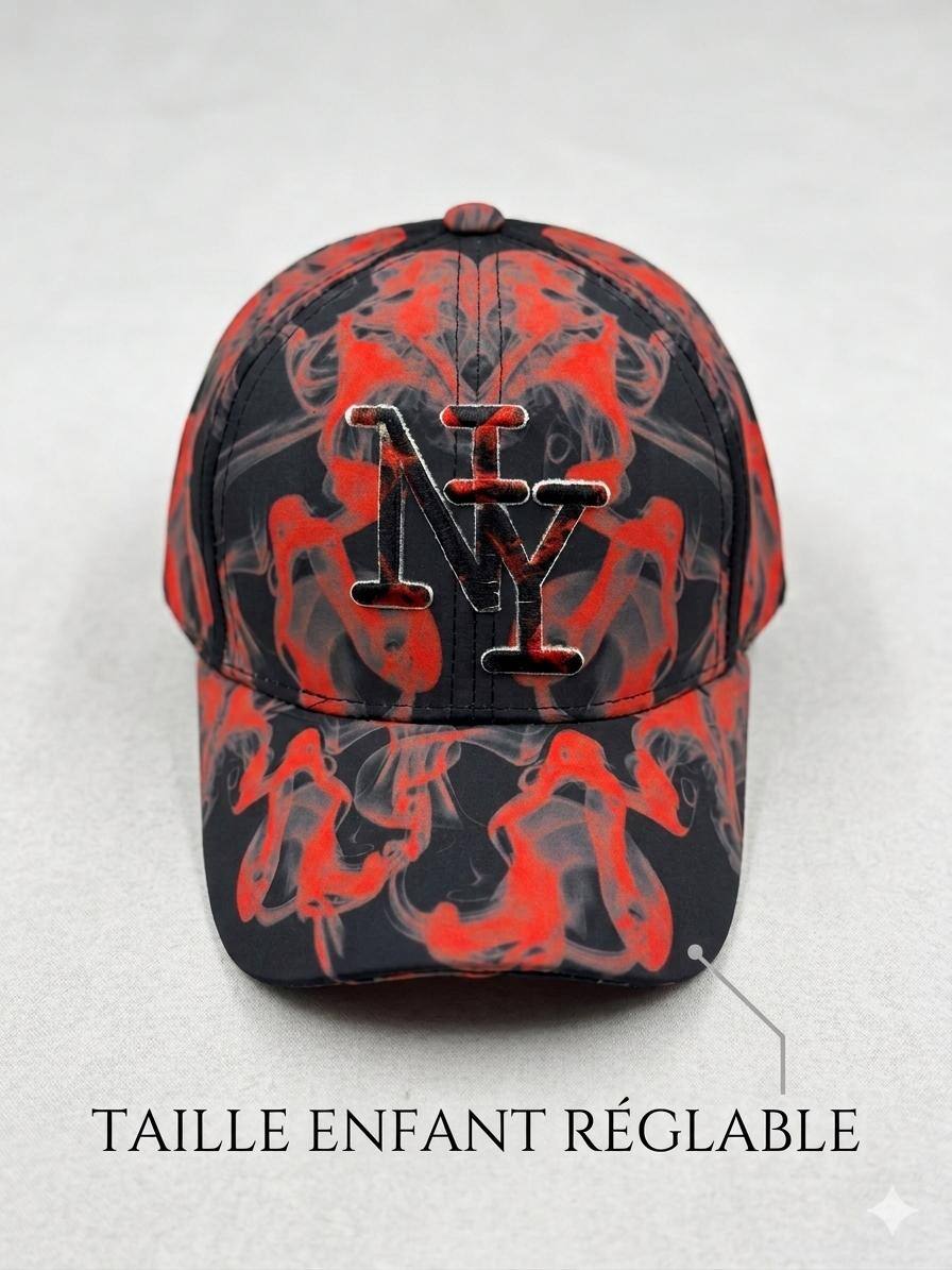 Grossiste NY - Casquette NY fumée vague noir rouge logo rouge noir enfant