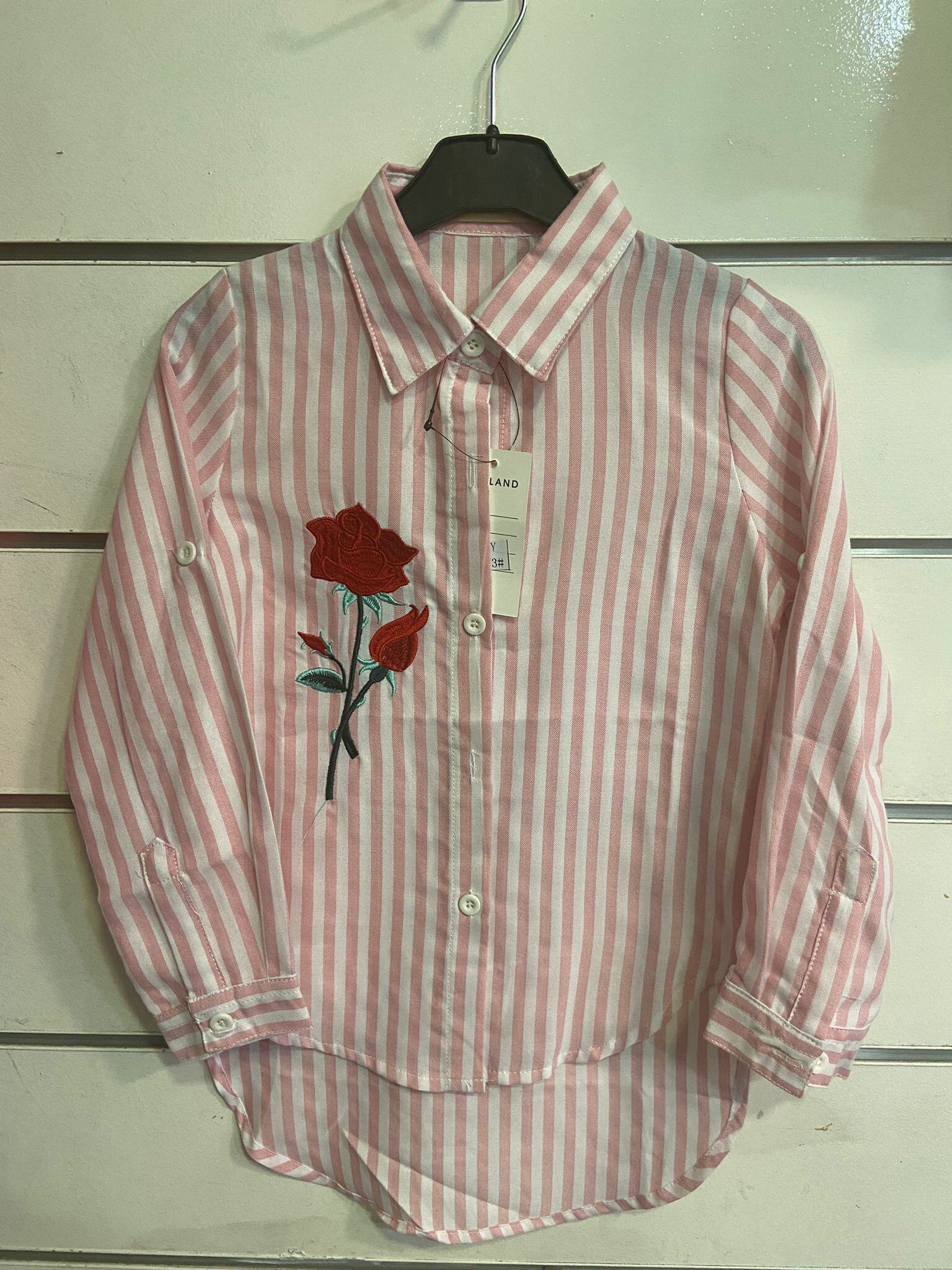Grossiste PETITE ETOILE - Chemise fille coton à rayures brodée d'une rose (103#)